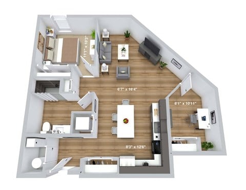 Floor plan for 1 bed, 1 bath, 883 sqft